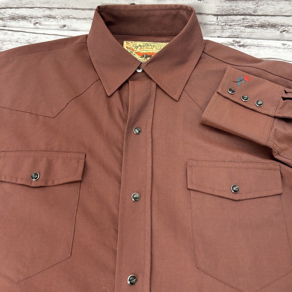 Western Aloha Shirt Mens Medium Burgundy Pearl Snap Chambray Hawaii Cowboy